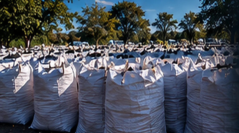 Filas de sacos listos para comercialización mayorista